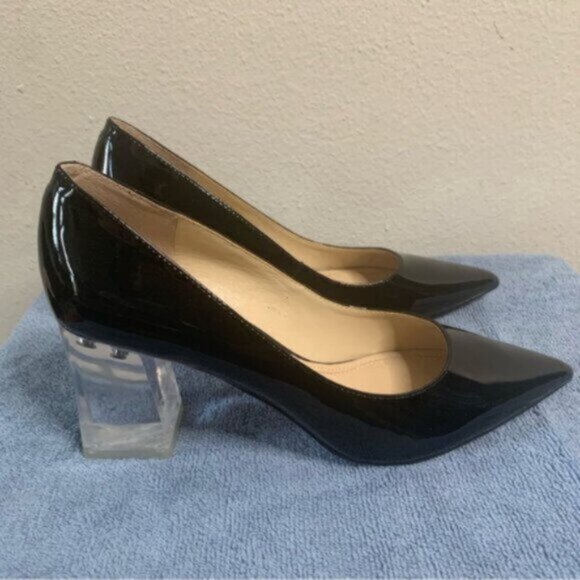 Marc Fisher Ltd Black Patent Leather Pointed Toe Clear Block Heels - Picture 4 of 15